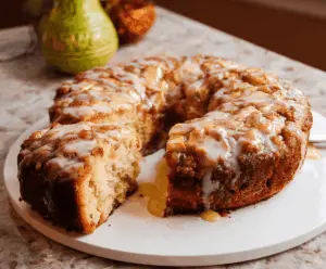 Delicious Apple Fritter Cake with golden crust and apple slices, perfect for dessert or breakfast.