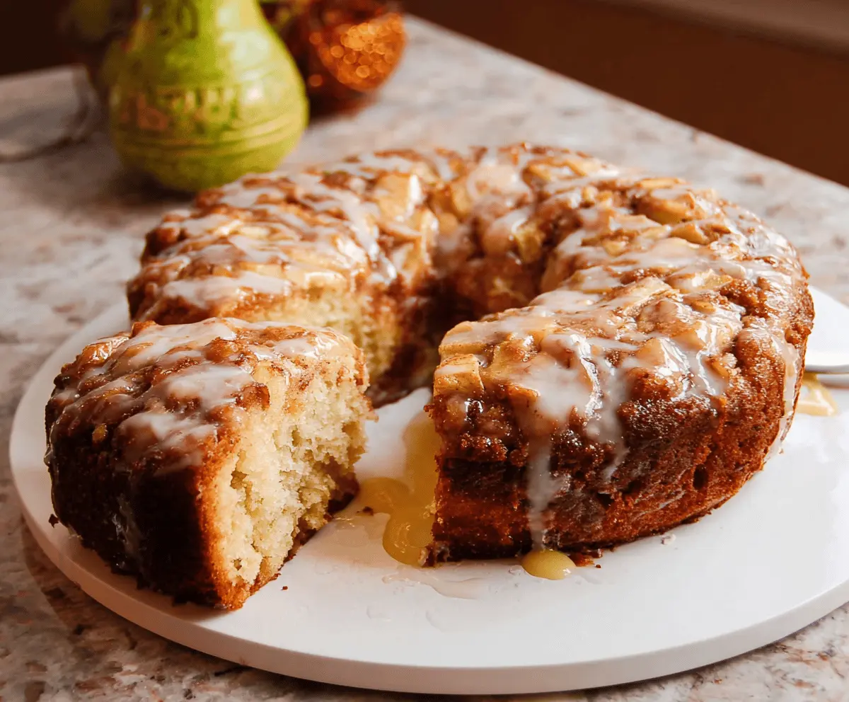 Delicious Apple Fritter Cake with golden crust and apple slices, perfect for dessert or breakfast.