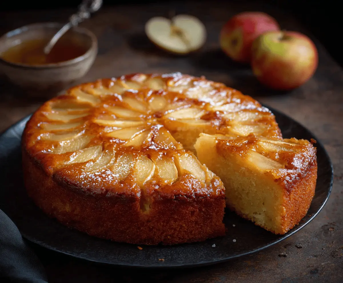 A delicious slice of apple honey cake topped with fresh apple slices and a drizzle of honey, served on a white plate with a rustic background.