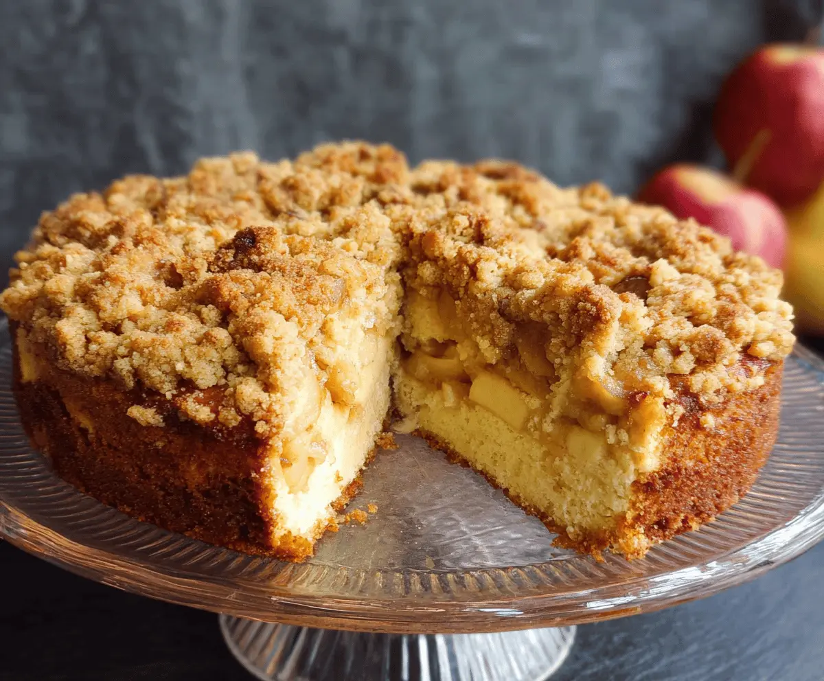 Delicious homemade Apple Streusel Cake with a golden crumb topping and fresh apple slices on top, perfect for dessert or tea time.