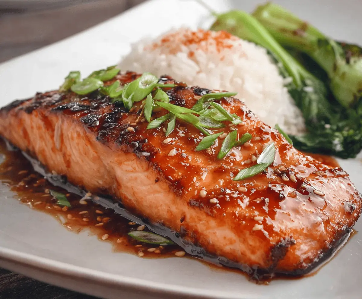 Delicious Asian glazed salmon fillet garnished with sesame seeds and green onions, served on a white plate with vegetables