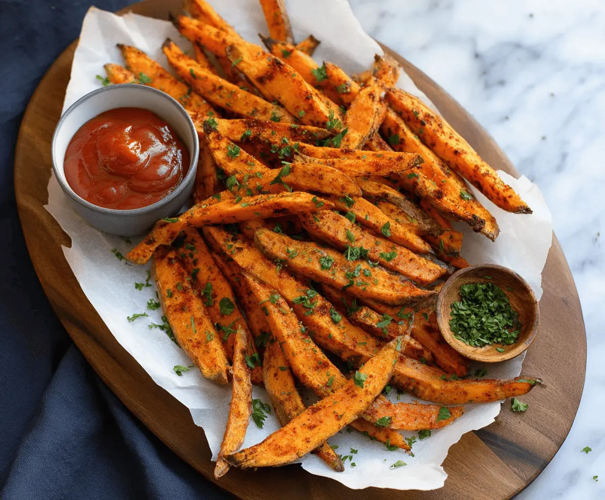 Golden baked sweet potato fries on a white plate, crispy and seasoned, perfect for a healthy snack or side dish.