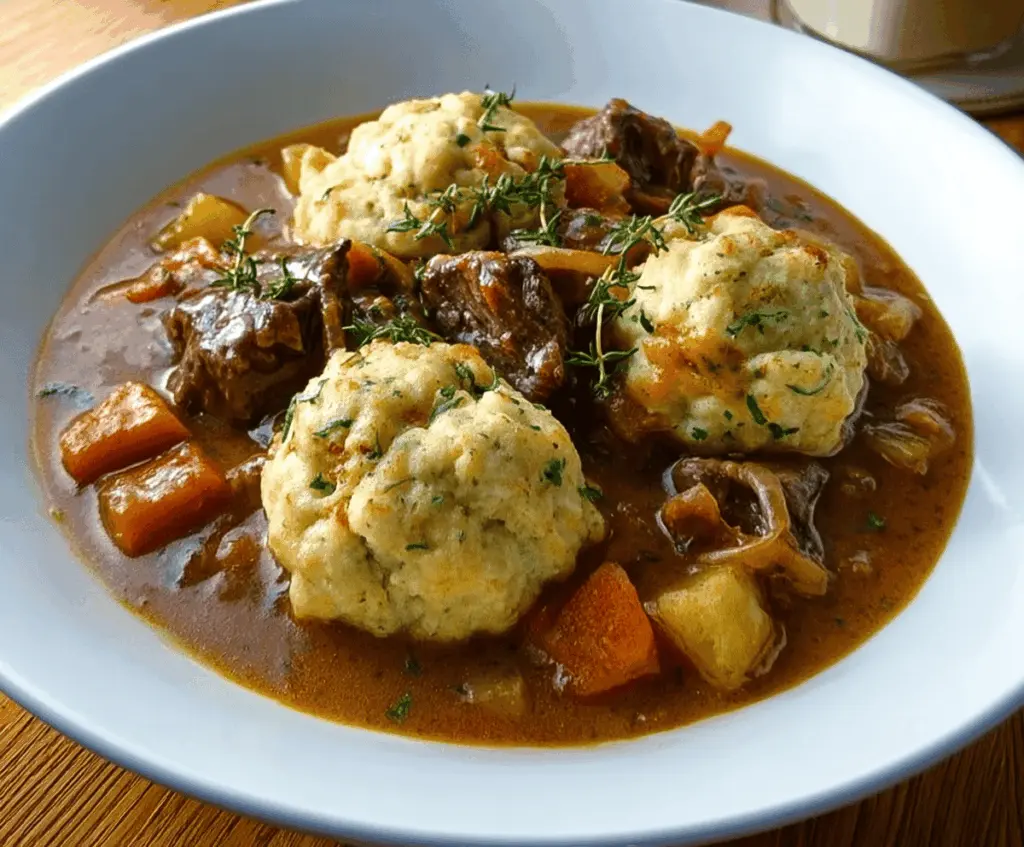 Hearty beef stew with fluffy dumplings served in a rustic bowl, featuring tender beef chunks, vegetables, and golden dumplings on top.