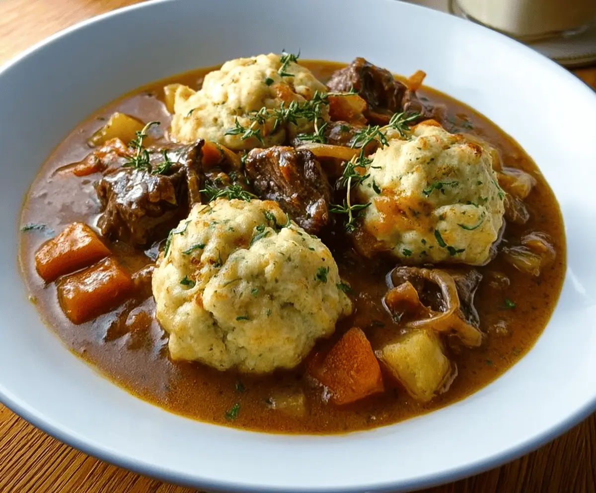 Hearty beef stew with fluffy dumplings served in a rustic bowl, featuring tender beef chunks, vegetables, and golden dumplings on top.