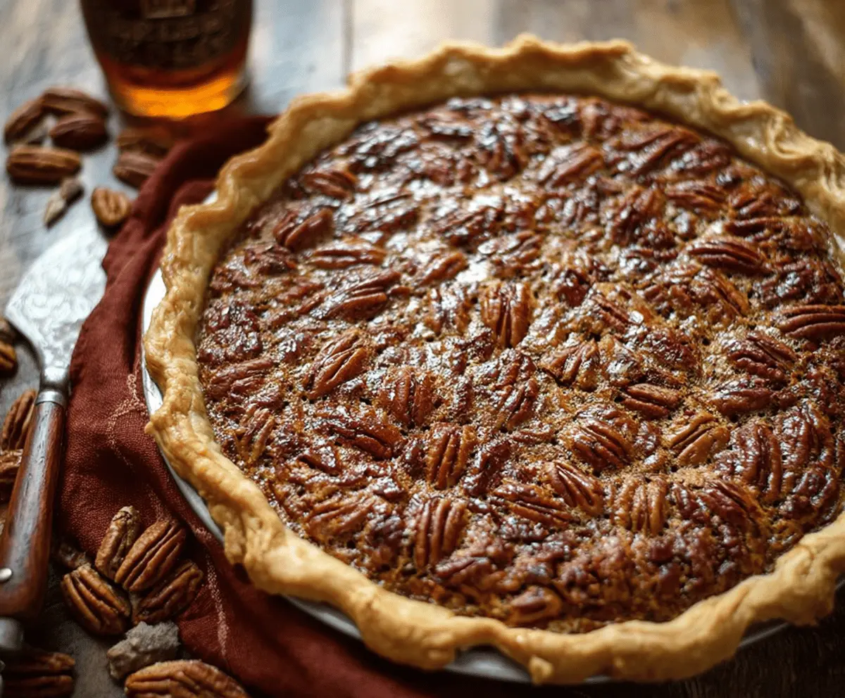 Delicious Bourbon Pecan Pie topped with toasted pecans and a golden crust, perfect for dessert or special occasions.