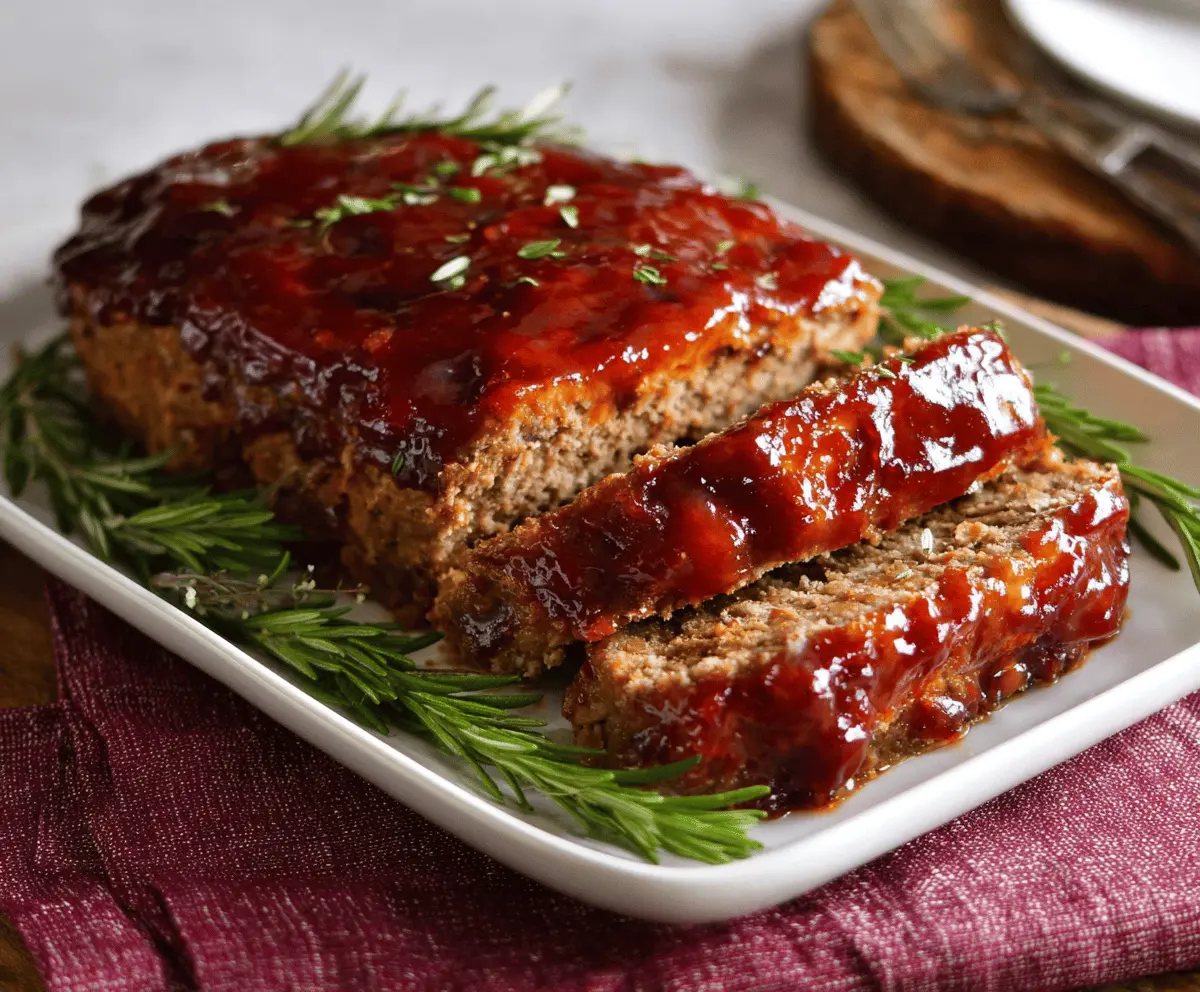 Juicy meatloaf topped with rich brown sugar and ketchup glaze, served on a plate with fresh herbs for a delicious homemade dinner.