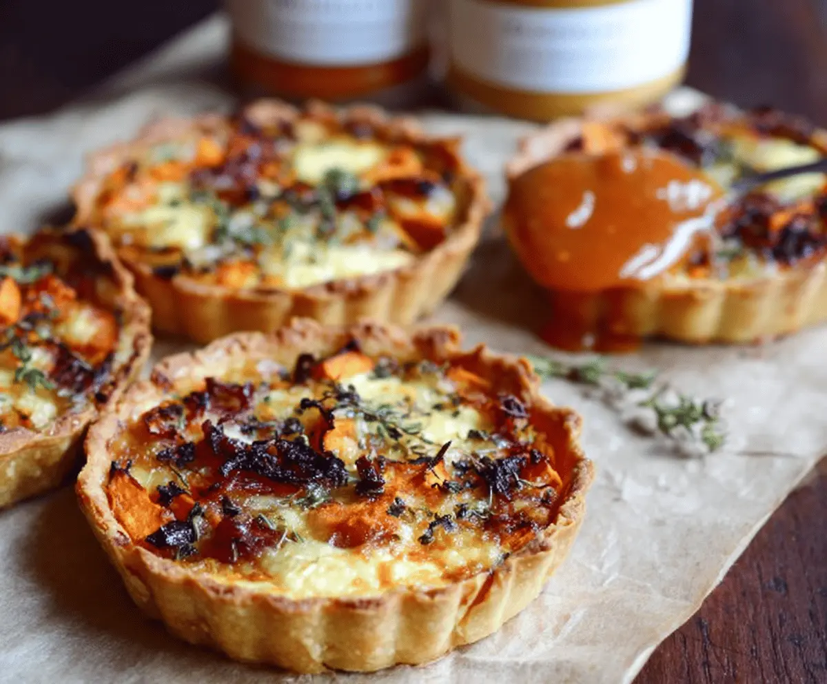 Delicious caramelized onion and sweet potato tart with golden crust served on a white plate, perfect for a savory vegetarian meal