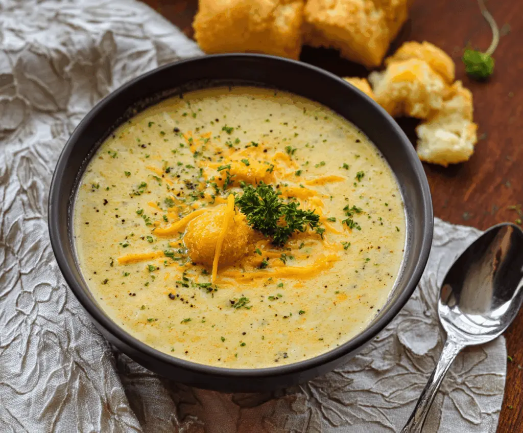 Creamy cheddar garlic herb potato soup in a bowl garnished with fresh herbs and melted cheese, perfect for a comforting meal.