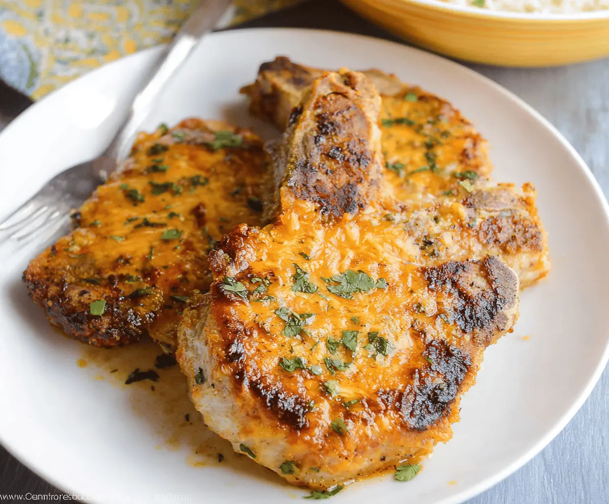 Juicy Cheddar Ranch Pork Chops served with fresh herbs on a rustic plate.