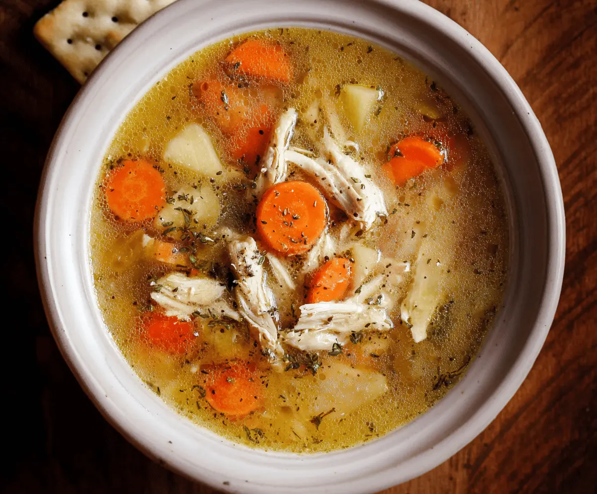 A steaming bowl of homemade chicken soup with tender chicken pieces, fresh vegetables, and herbs, served in a white bowl on a rustic wooden table.