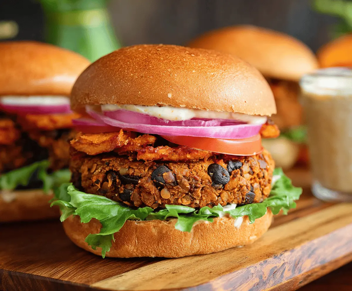 Delicious Chipotle Black Bean Sweet Potato Burgers topped with fresh lettuce and tomatoes on a whole wheat bun, served with a side of crispy fries.