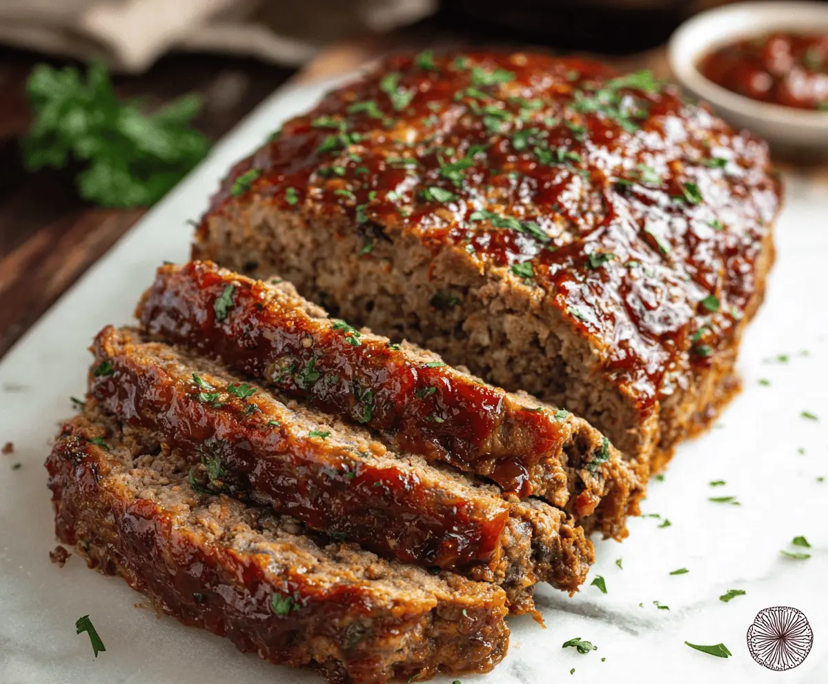 Juicy chipotle meatloaf topped with smoky sauce and fresh herbs, served on a plate with side vegetables