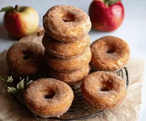 Delicious cinnamon apple donuts glazed with cinnamon sugar, perfect for breakfast or dessert.
