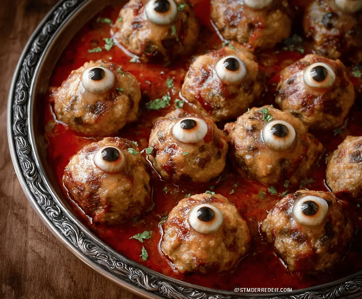 Colorful eyeball meatballs served on a platter for a spooky feast, perfect for Halloween or themed parties.