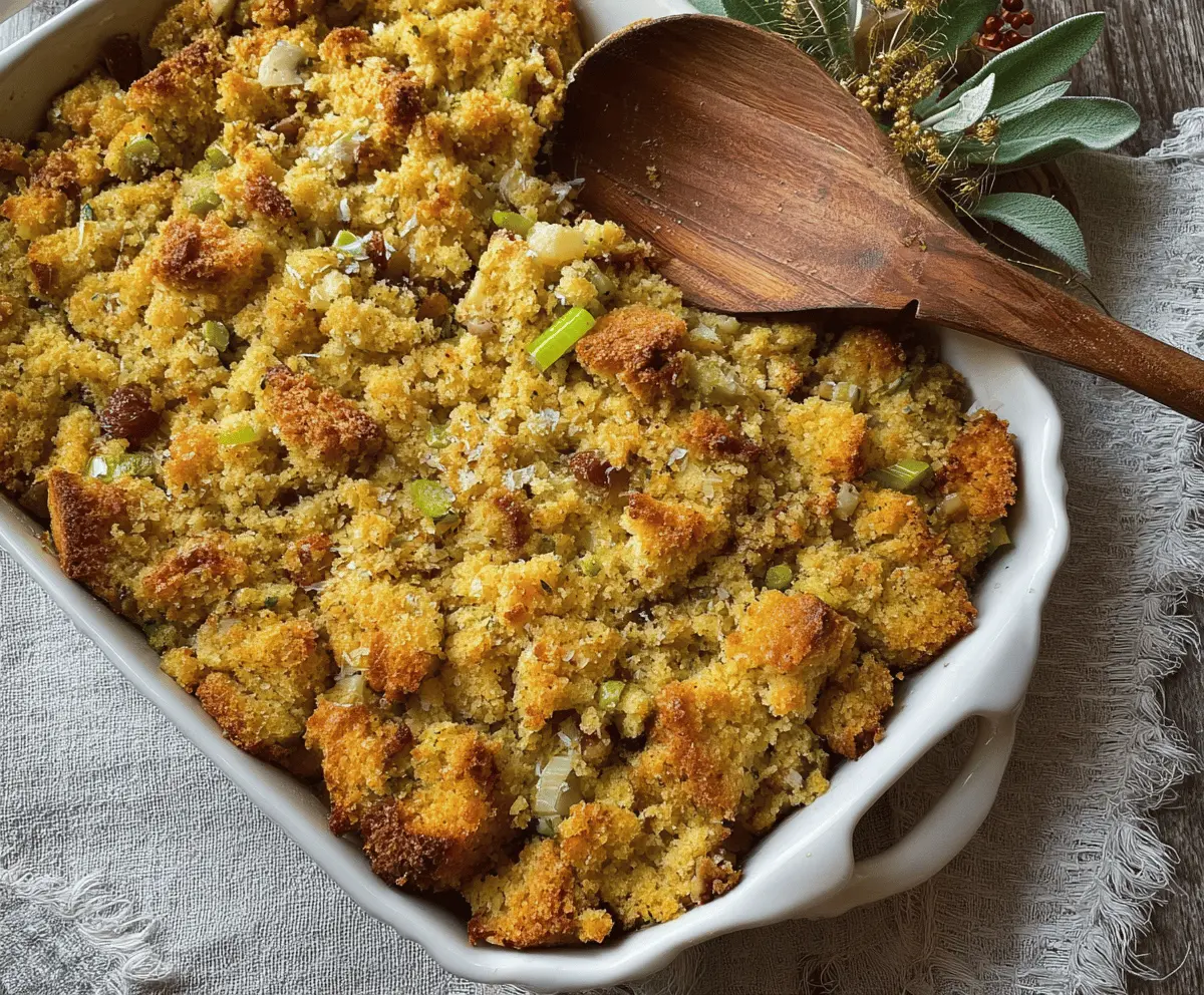 Delicious homemade cornbread dressing with herbs and savory spices, served as a classic holiday side dish