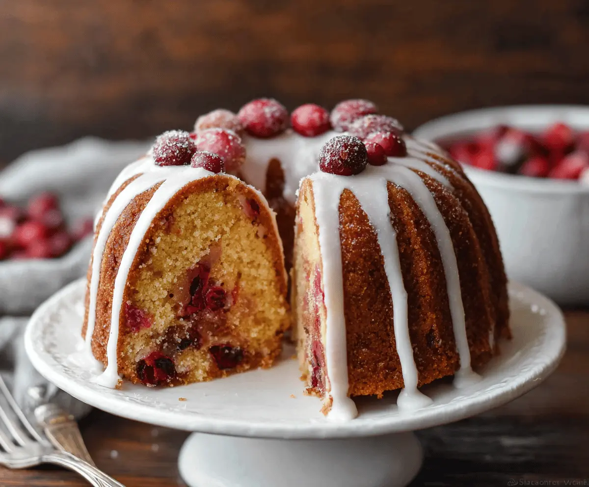 Delicious homemade Cranberry Bundt Cake topped with fresh cranberries and powdered sugar, perfect for holiday celebrations.