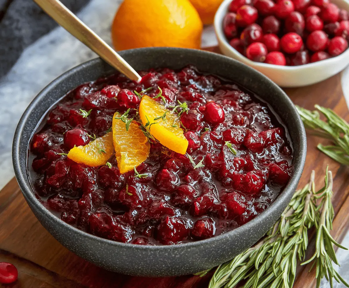 Bright and tangy cranberry orange sauce served in a white bowl, perfect for holiday desserts and main dishes.