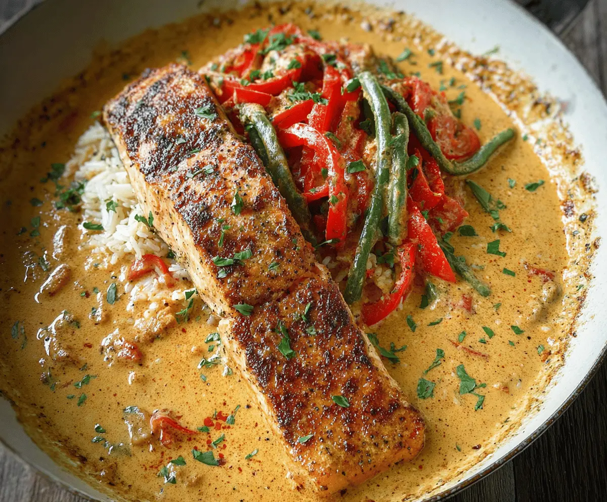 Creamy Cajun Pepper Salmon dish featuring seasoned salmon fillet topped with creamy spicy Cajun sauce, garnished with fresh herbs and served with lemon wedges.
