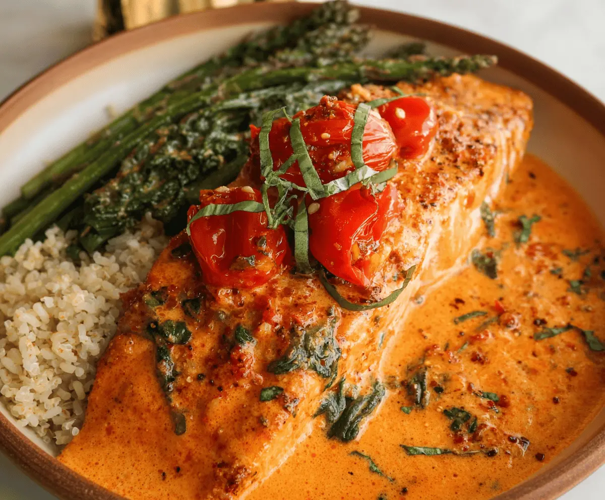 Creamy roasted red pepper salmon served with fresh herbs on a white plate, featuring vibrant red peppers and tender salmon fillet