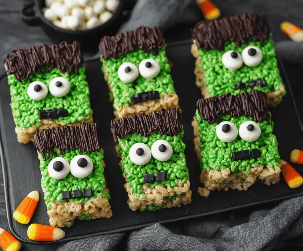 Colorful Frankenstein Rice Krispie Treats decorated with green icing, candy eyes, and spooky embellishments, perfect for Halloween parties.