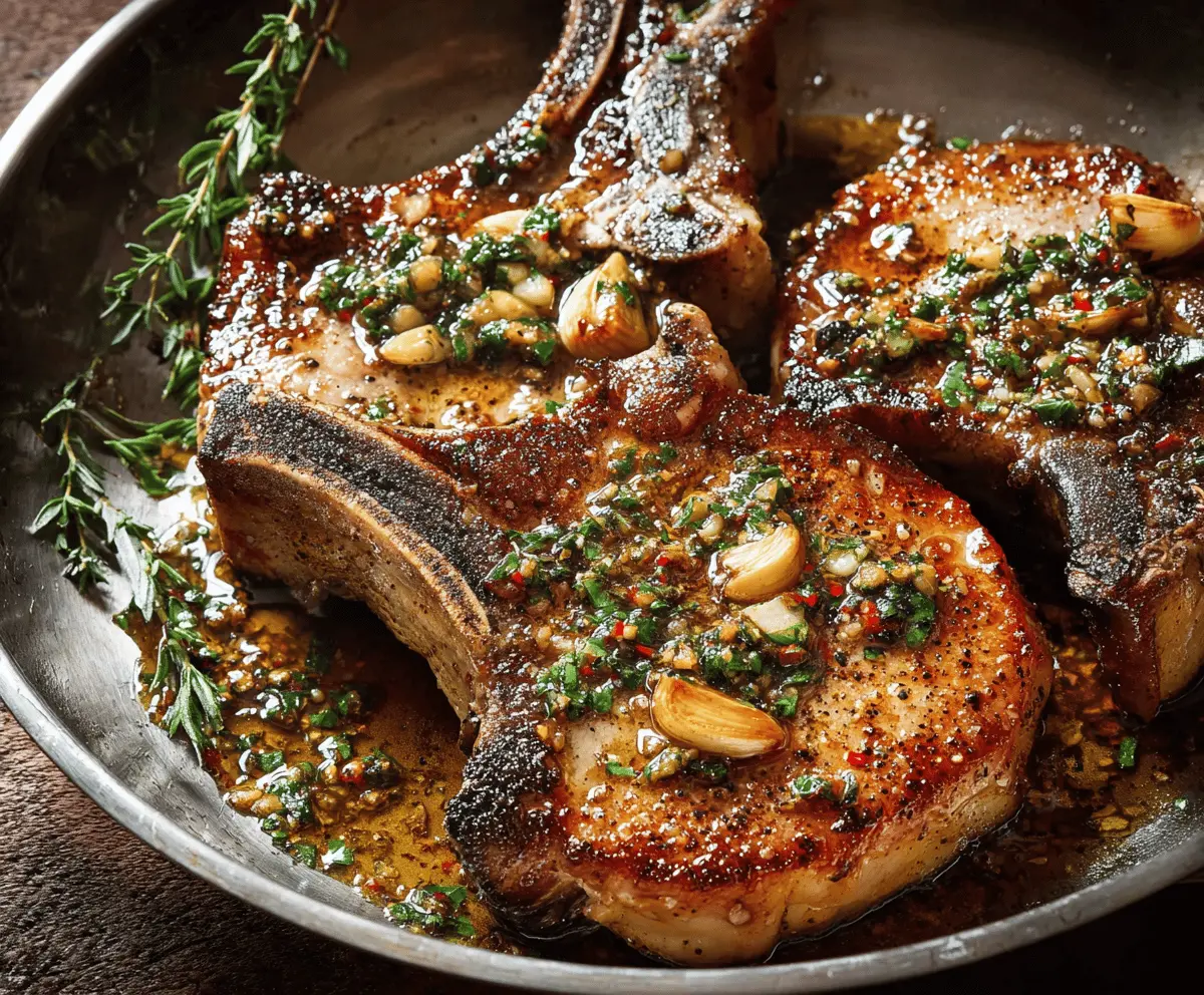 Juicy garlic butter pork chops cooked to perfection, garnished with fresh herbs on a rustic wooden table.