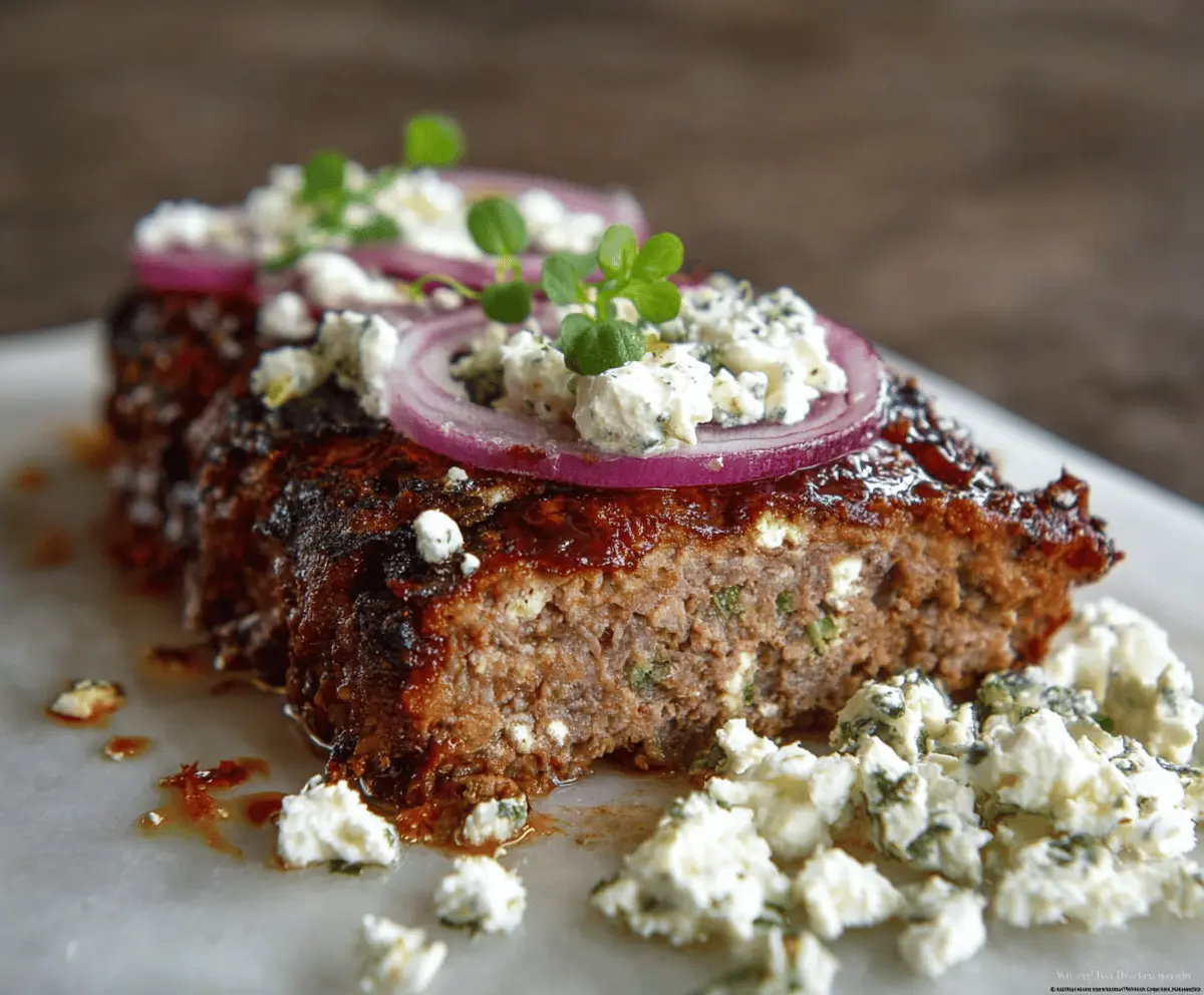 Delicious Greek meatloaf topped with fresh herbs and sliced for serving, on a rustic plate with lemon wedges and Greek salad in the background.