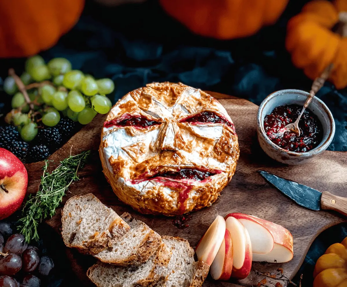 Creamy baked Brie cheese topped with spooky Halloween garnishes, perfect for a festive appetizer display.