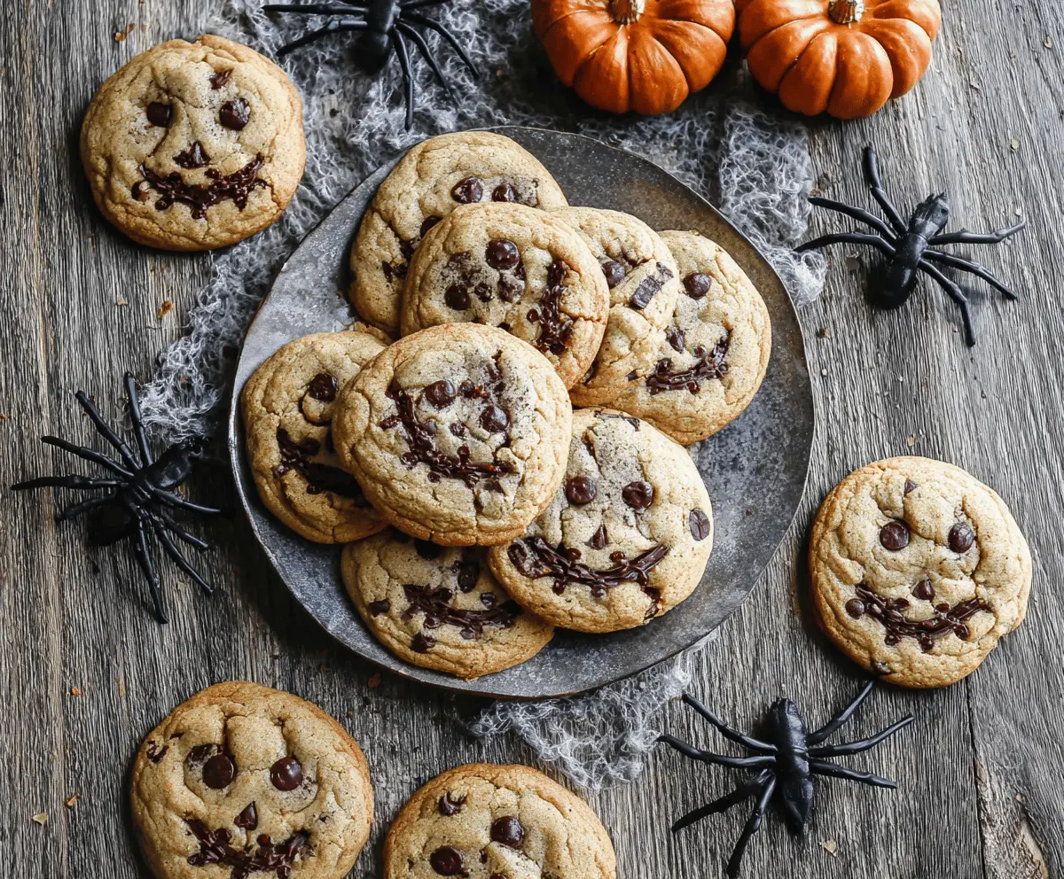 Delicious Halloween chocolate chip cookies decorated with spooky themed icing and sprinkles, perfect for Halloween treats