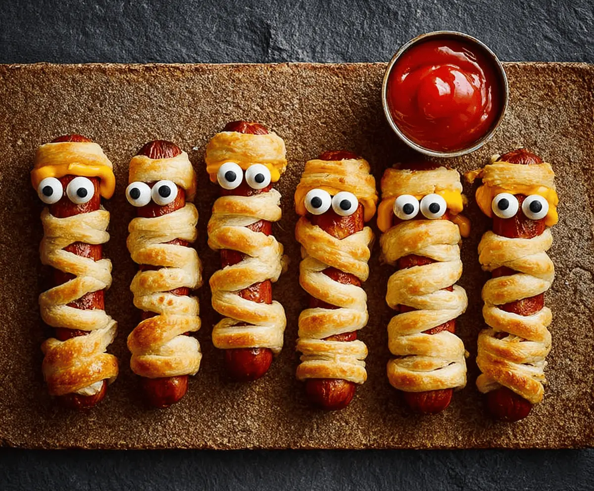 Crispy Halloween mummy sausages wrapped in dough with googly eyes, perfect for spooky party snacks