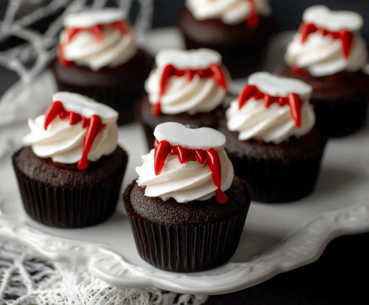 Delicious Halloween Vampire Bite Cupcakes decorated with red frosting and vampire fang toppers for a spooky festive treat