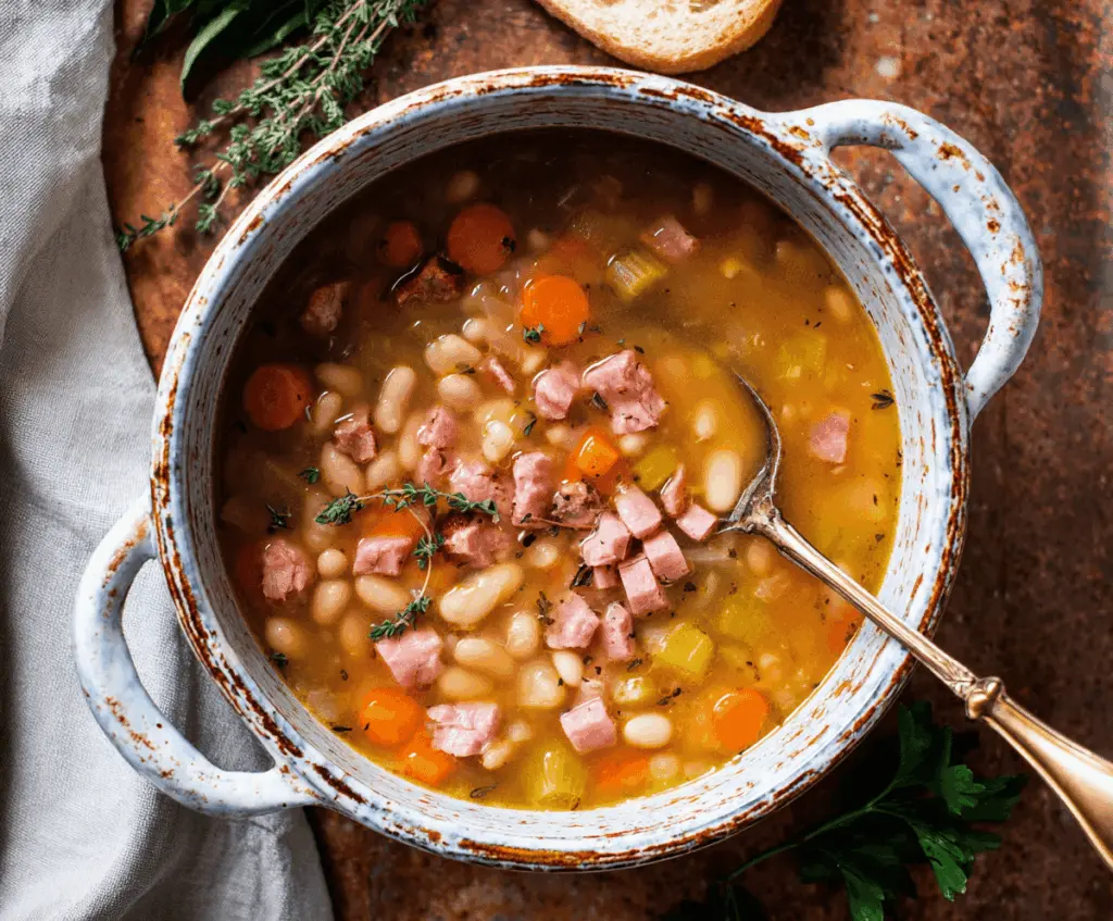 A steaming bowl of hearty ham and bean soup garnished with fresh herbs, showcasing tender beans, diced ham, and vegetables in a flavorful broth.
