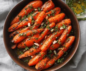 Brightly glazed honey roasted carrots garnished with fresh herbs on a rustic plate, perfect for a sweet and savory side dish.