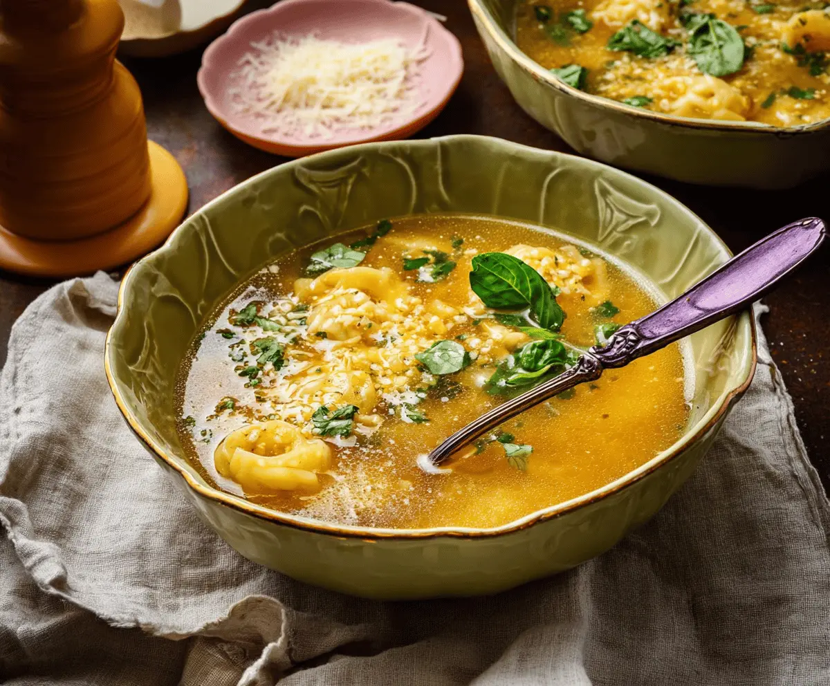 A steaming bowl of Italian Penicillin Soup garnished with fresh herbs, featuring colorful vegetables, herbs, and chunks of bread in a savory broth.