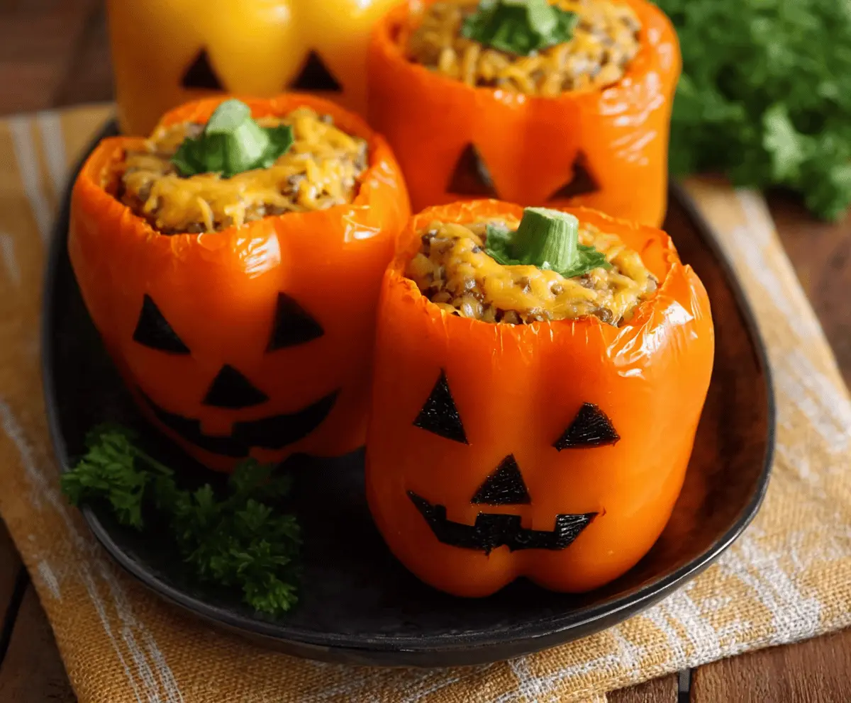 Colorful Jack-O’-Lantern stuffed peppers filled with seasoned rice and vegetables, perfect for Halloween-themed meals