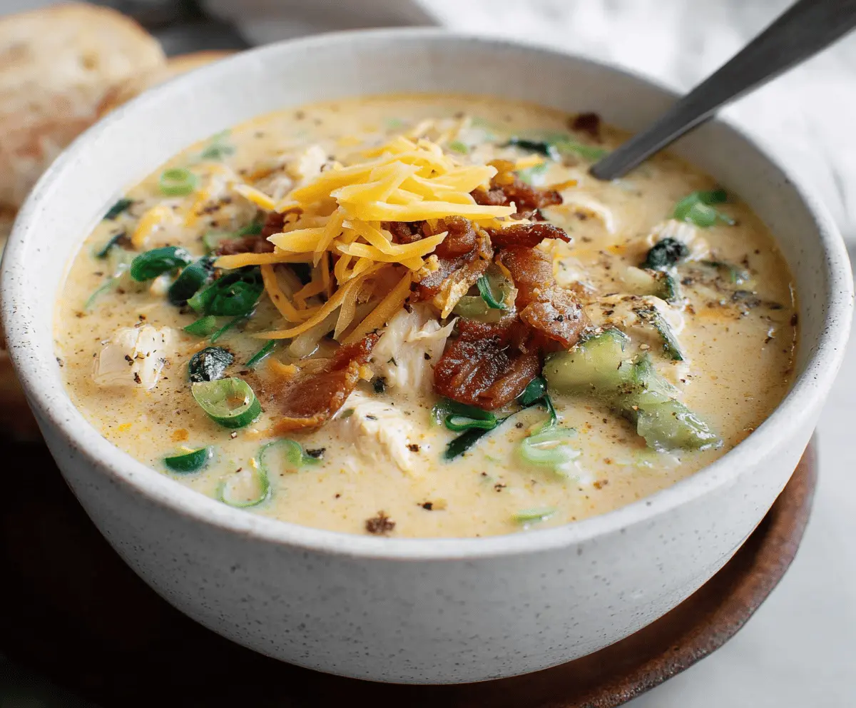 Creamy Jalapeño Popper Chicken Soup topped with melted cheese, crispy bacon, and fresh cilantro, served in a bowl.