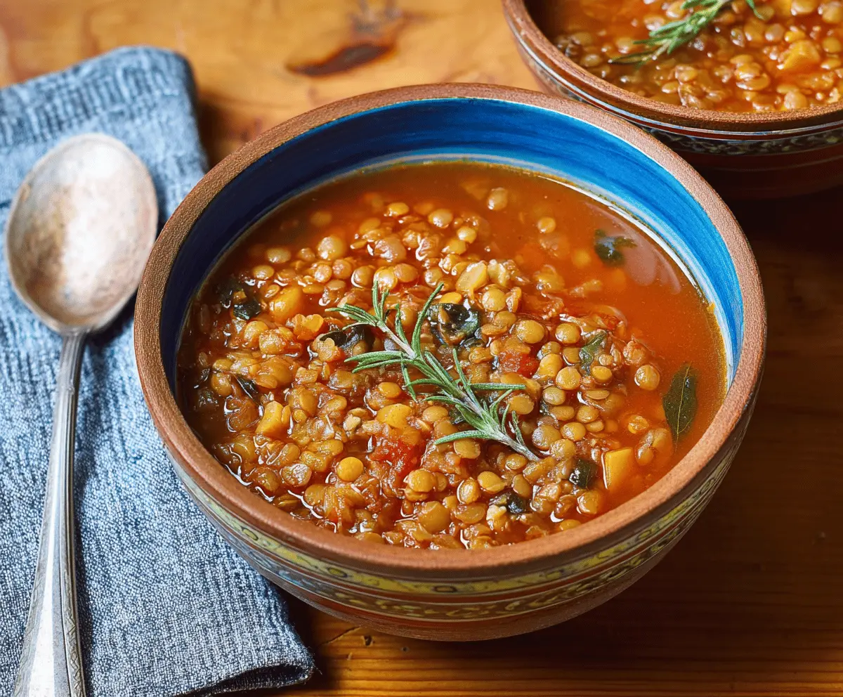 A steaming bowl of hearty lentil soup garnished with fresh herbs and vegetables, served in a rustic bowl on a wooden table.