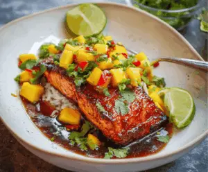 Fresh grilled salmon topped with vibrant mango salsa and glazed with sweet teriyaki sauce, served on a white plate