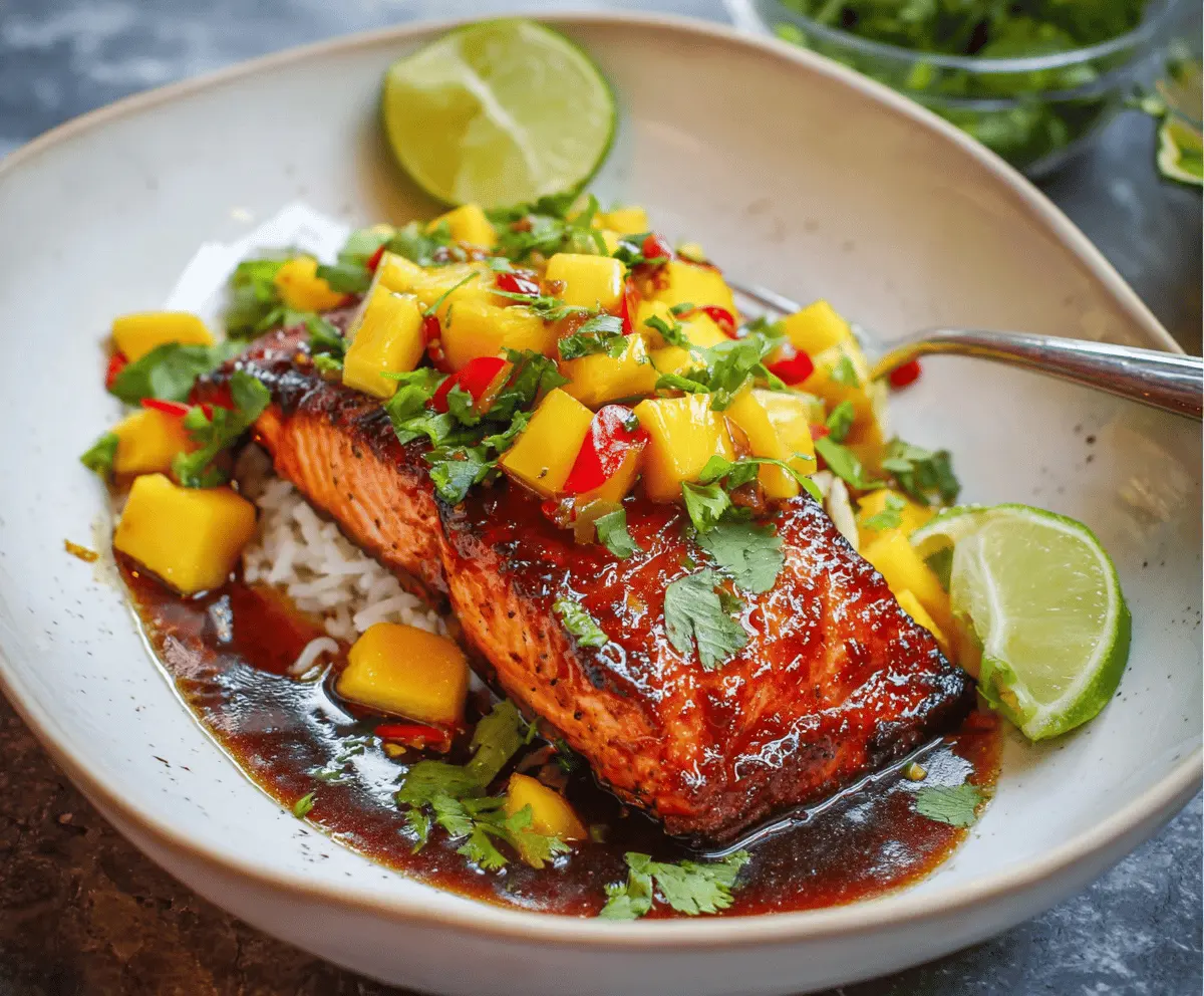 Fresh grilled salmon topped with vibrant mango salsa and glazed with sweet teriyaki sauce, served on a white plate