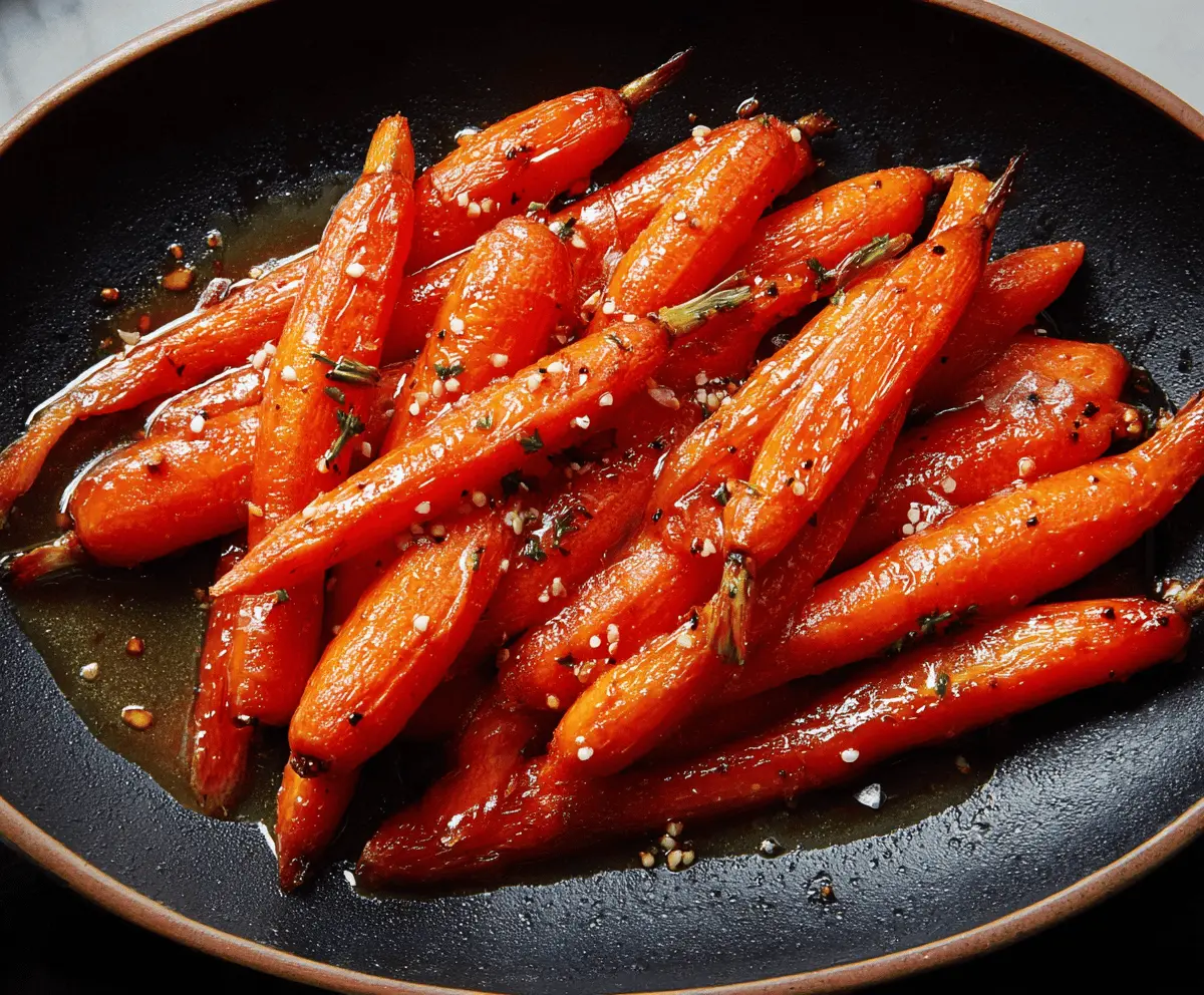 Freshly cooked maple glazed carrots garnished with chopped parsley on a rustic wooden serving platter, highlighting their glossy caramelized coating and vibrant orange color.