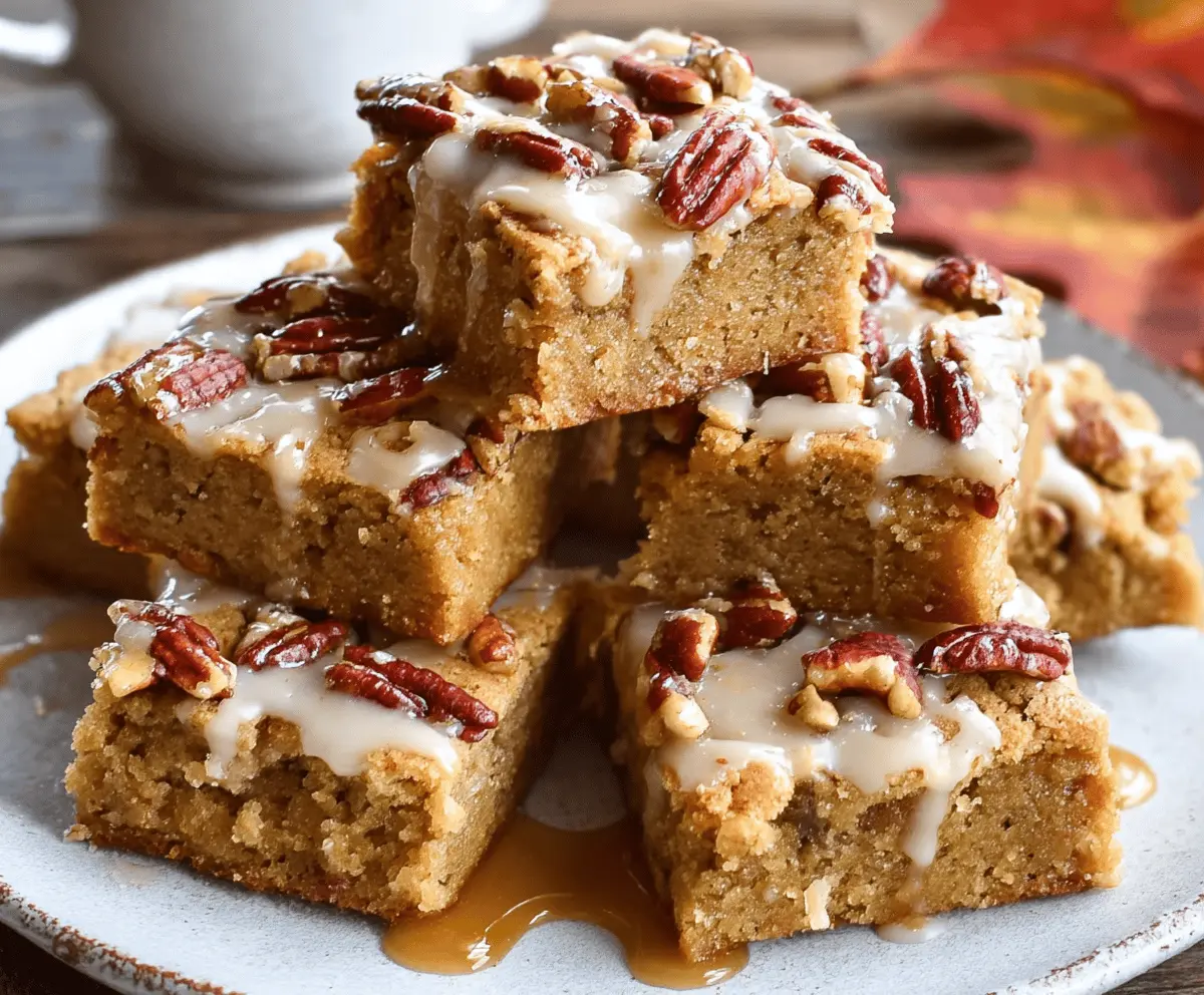 Delicious homemade Maple Pecan Blondies with golden-brown top, topped with chopped pecans and a drizzle of maple syrup on a rustic baking tray.