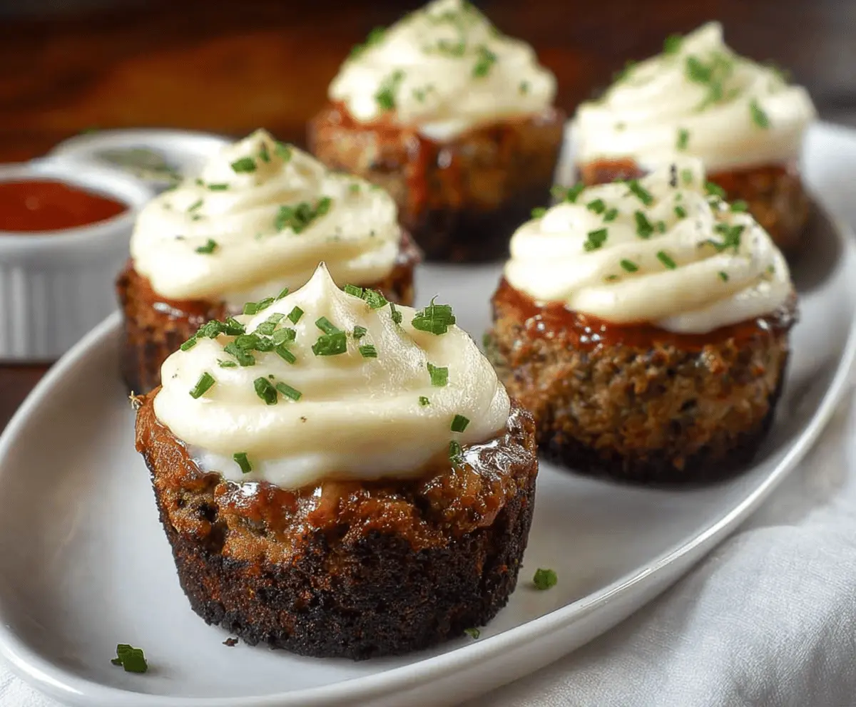 Delicious meatloaf cupcakes topped with creamy mashed potato frosting, served on a white plate with fresh herbs for garnish