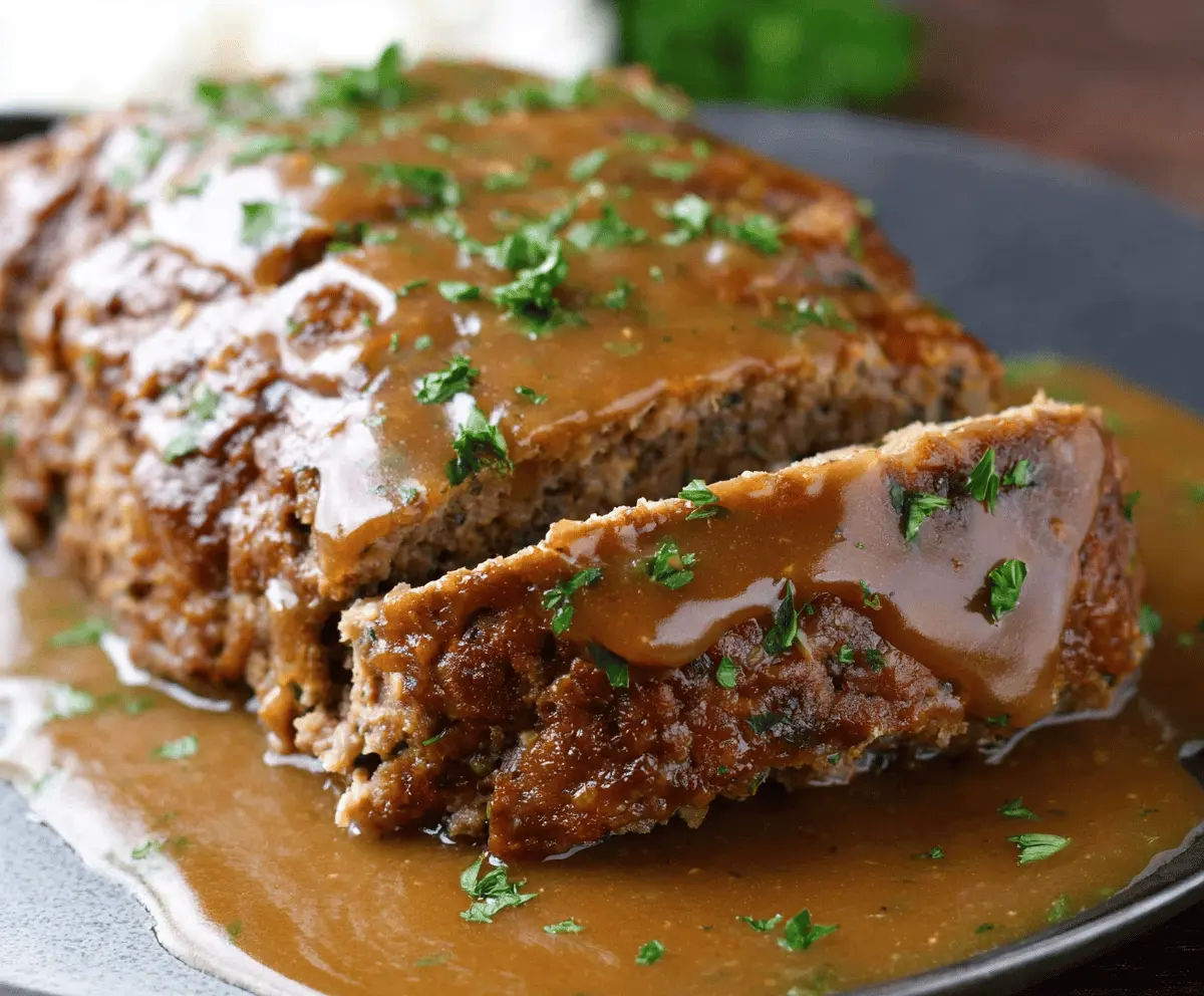 Delicious homemade meatloaf topped with rich brown gravy served on a plate with fresh vegetables