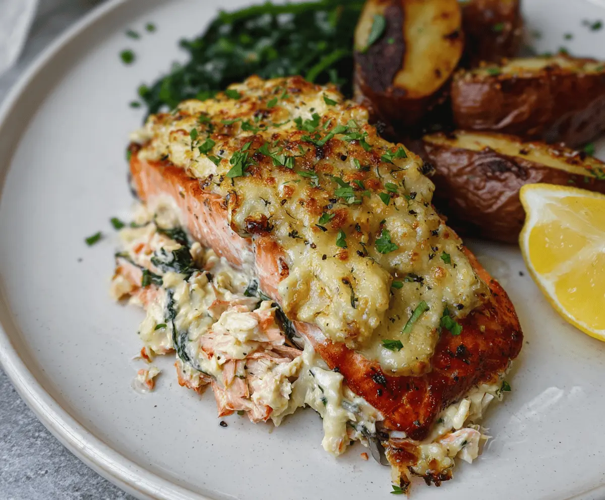 Delicious crab stuffed salmon fillet topped with fresh herbs, showcasing a melt-in-your-mouth seafood dish perfect for elegant dinners.