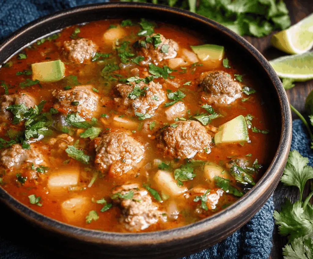 A bowl of warm Mexican Albondigas Soup featuring meatball dumplings, fresh vegetables, and herbs in a flavorful broth, perfect for a comforting meal.