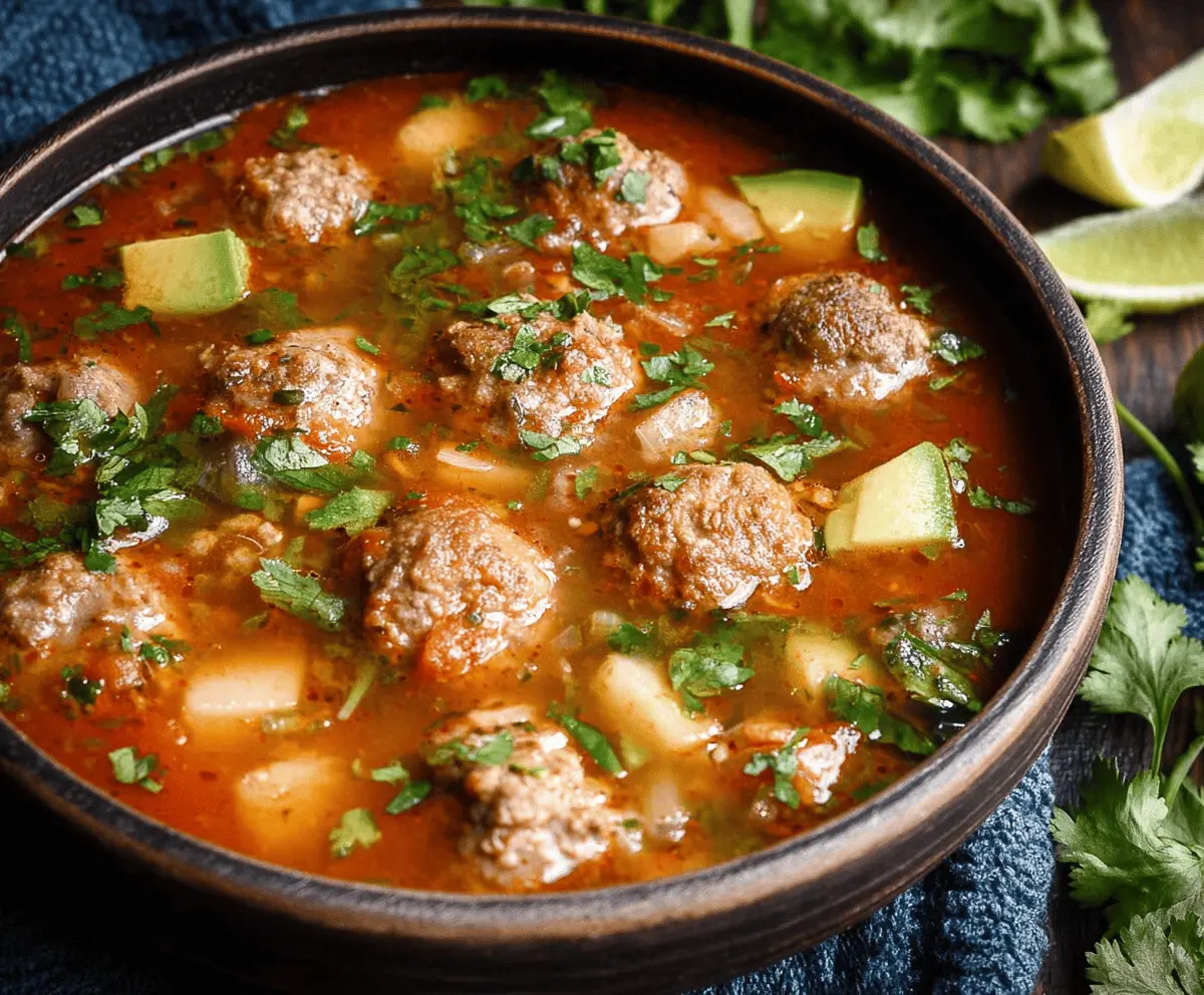 A bowl of warm Mexican Albondigas Soup featuring meatball dumplings, fresh vegetables, and herbs in a flavorful broth, perfect for a comforting meal.