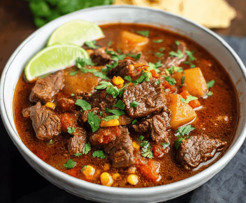 Hearty Mexican beef stew with tender beef chunks, vegetables, and flavorful spices served in a rustic bowl