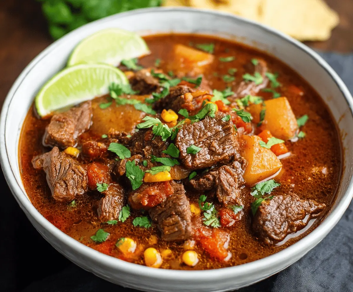 Hearty Mexican beef stew with tender beef chunks, vegetables, and flavorful spices served in a rustic bowl