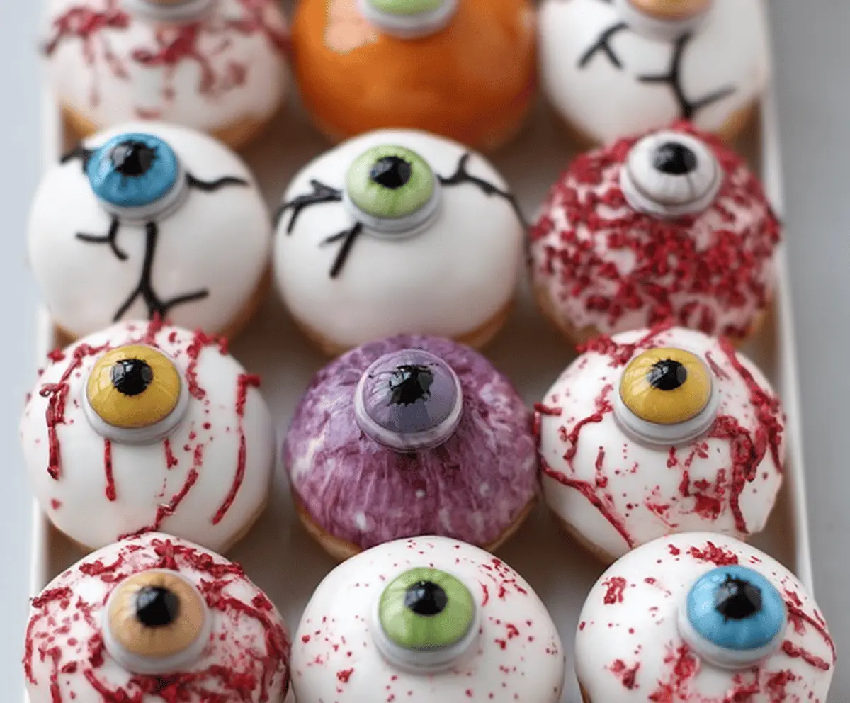 Colorful Monster Donut Eyeballs with vibrant frosting, creepy eyeball toppings, and spooky sprinkles for a fun Halloween treat