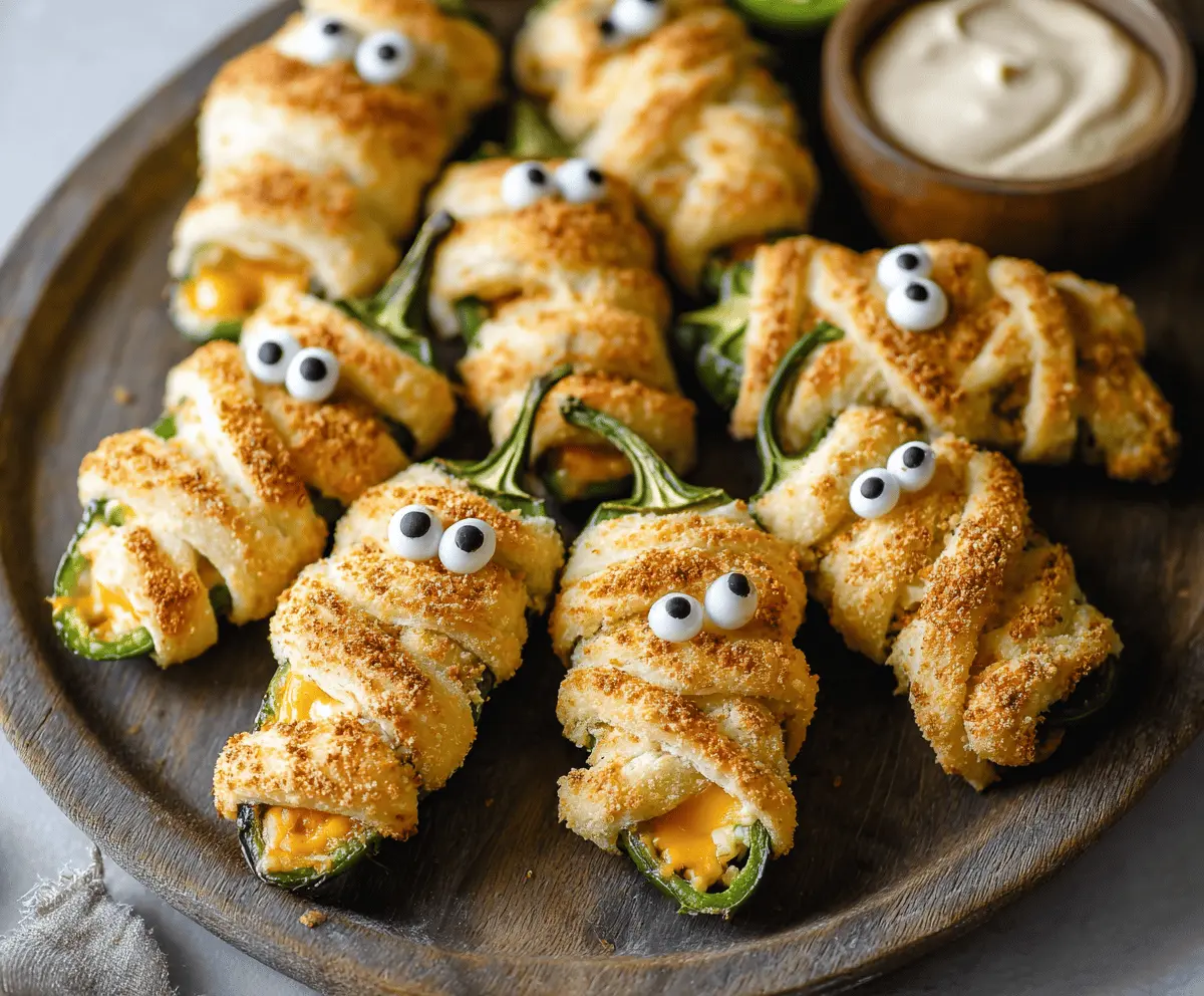 Spooky Mummy Jalapeño Poppers garnished with melted cheese and Halloween-themed decorations on a plate