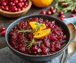 A bowl of vibrant orange cranberry sauce garnished with fresh cranberries and orange zest, ready to serve as a festive holiday side dish.